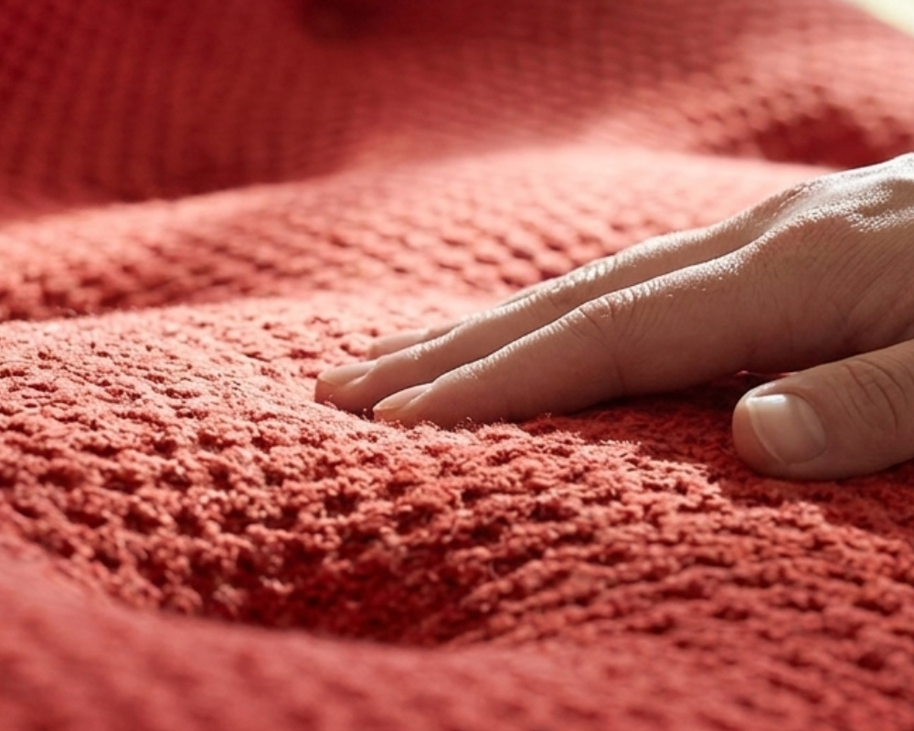 Texture tissu stretch canapé Ploum avec main – poussière invisible et entretien canapé design à Aix Marseille PACA par Maison Max Clean, Les Astuces de Max