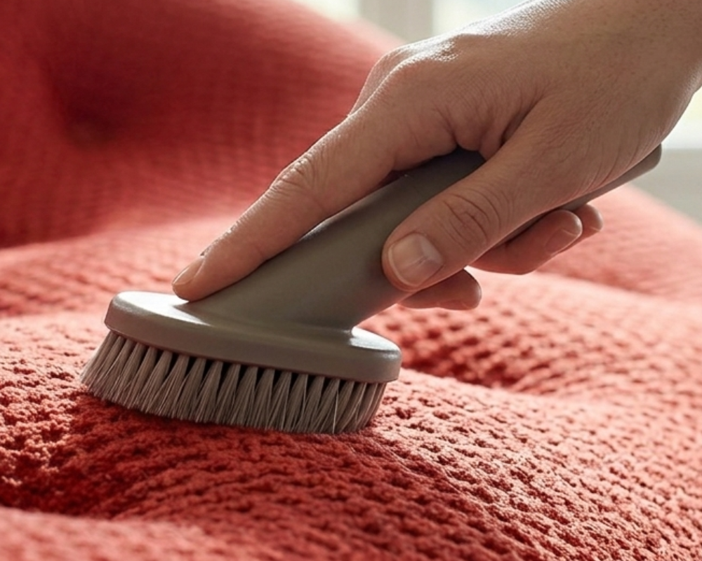 Nettoyage délicat d’un canapé Ploum avec brosse textile – entretien naturel canapé tissu à Marseille et Aix-en-Provence par Maison Max Clean, Les Astuces de Max