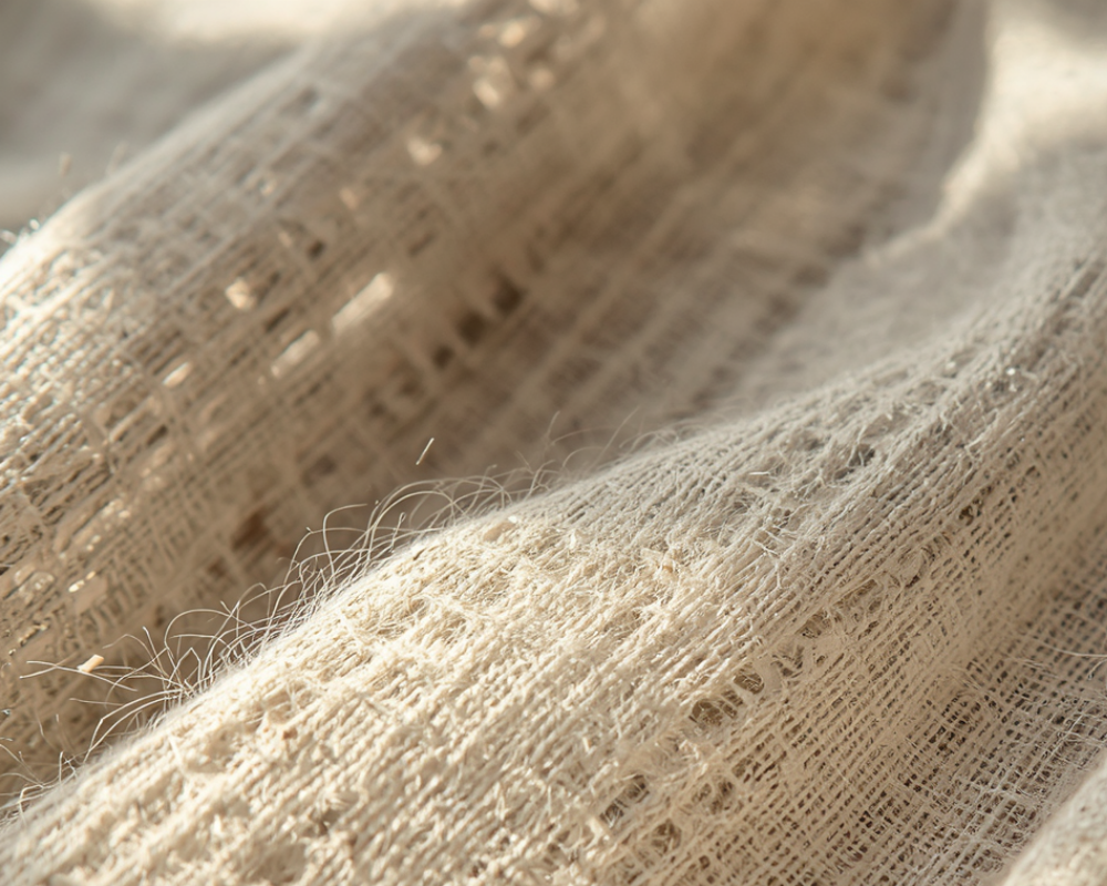 Texture de canapé en lin lavé beige en macro détail, fibres naturelles visibles sous la lumière du sud de la France, Les astuces de Max par Maison Max Clean, entretien textile haut de gamme à Aix-en-Provence, Marseille et région PACA
