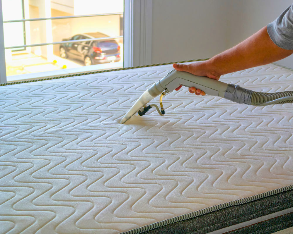 Intervention de nettoyage en profondeur d'un matelas avec méthode injection-extraction pour éliminer transpiration, acariens et allergènes après les épisodes de canicule en Provence. Service Maison Max Clean à Marseille, Aix-en-Provence et PACA.