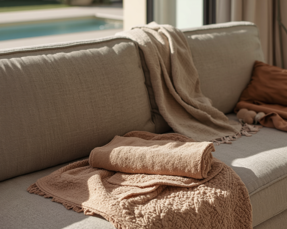 Canapé en tissu clair dans une villa avec piscine en Provence, textiles exposés à l’air extérieur et à l’humidité estivale, entretien haut de gamme par Maison Max Clean – Les astuces de Max, Aix-en-Provence Marseille PACA