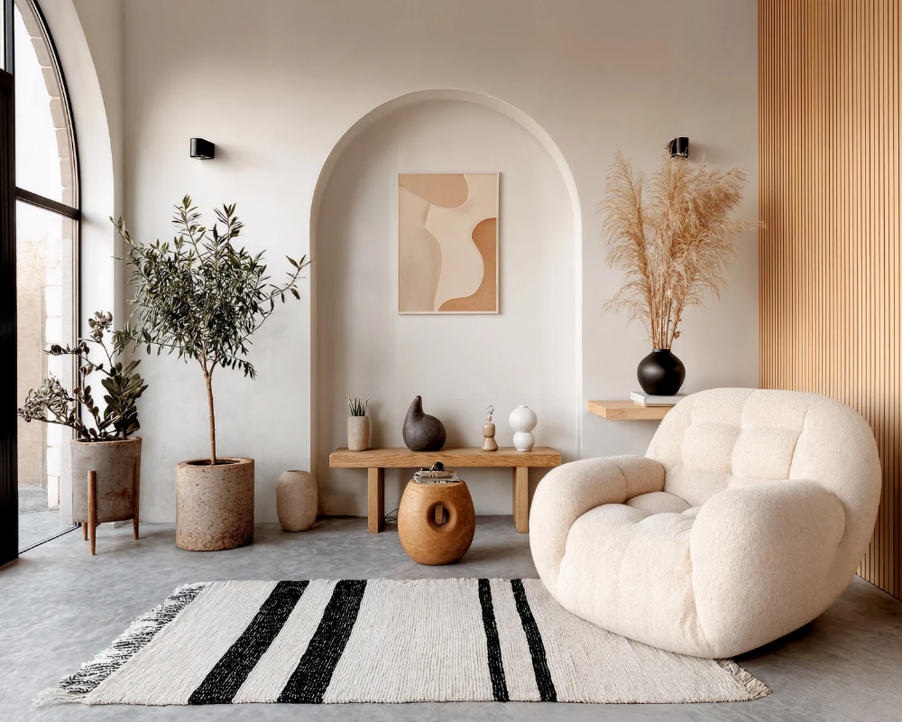 Salon contemporain avec canapé design haut de gamme parfaitement entretenu grâce aux Astuces de Max et au nettoyage professionnel Maison Max Clean, expert des canapés, tapis, fauteuils, matelas et moquettes à Aix-en-Provence, Marseille et en région PACA.