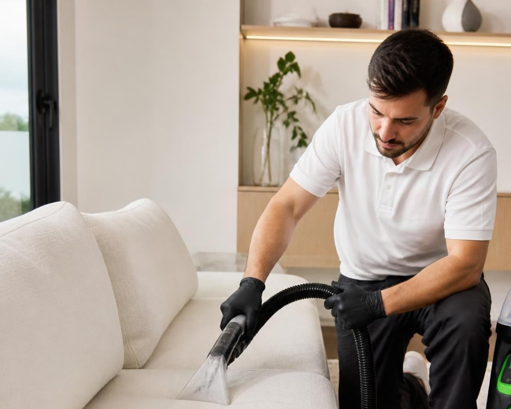Technicien Maison Max Clean réalisant un nettoyage professionnel par injection-extraction sur un canapé design haut de gamme à Marseille, Aix-en-Provence et dans toute la région PACA avec des produits éco-responsables.