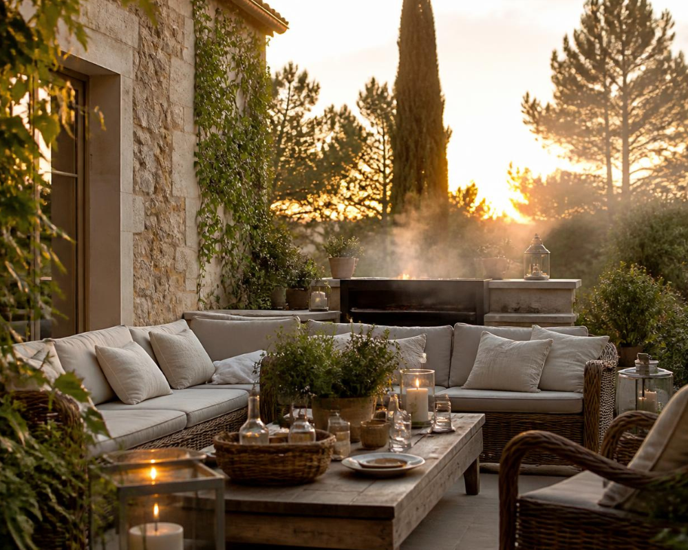 Terrasse provençale après un barbecue d'été avec salon extérieur et coussins textiles imprégnés d'odeurs de fumée – Les Astuces de Max par Maison Max Clean, spécialiste du nettoyage de tissus à Marseille, Aix-en-Provence et en région PACA.