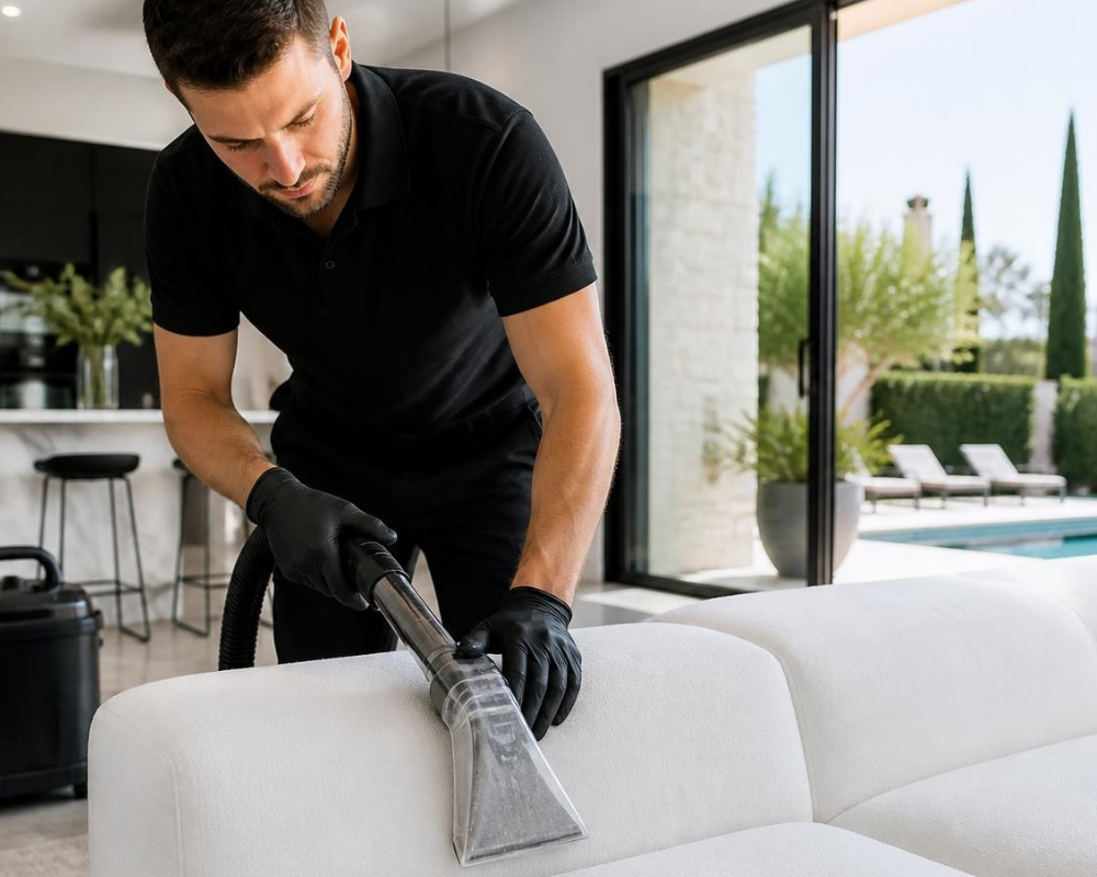 Nettoyage professionnel d'un canapé gris clair par injection-extraction dans une villa en Provence, Maison Max Clean, expert du nettoyage textile à Aix-Marseille et en région PACA.