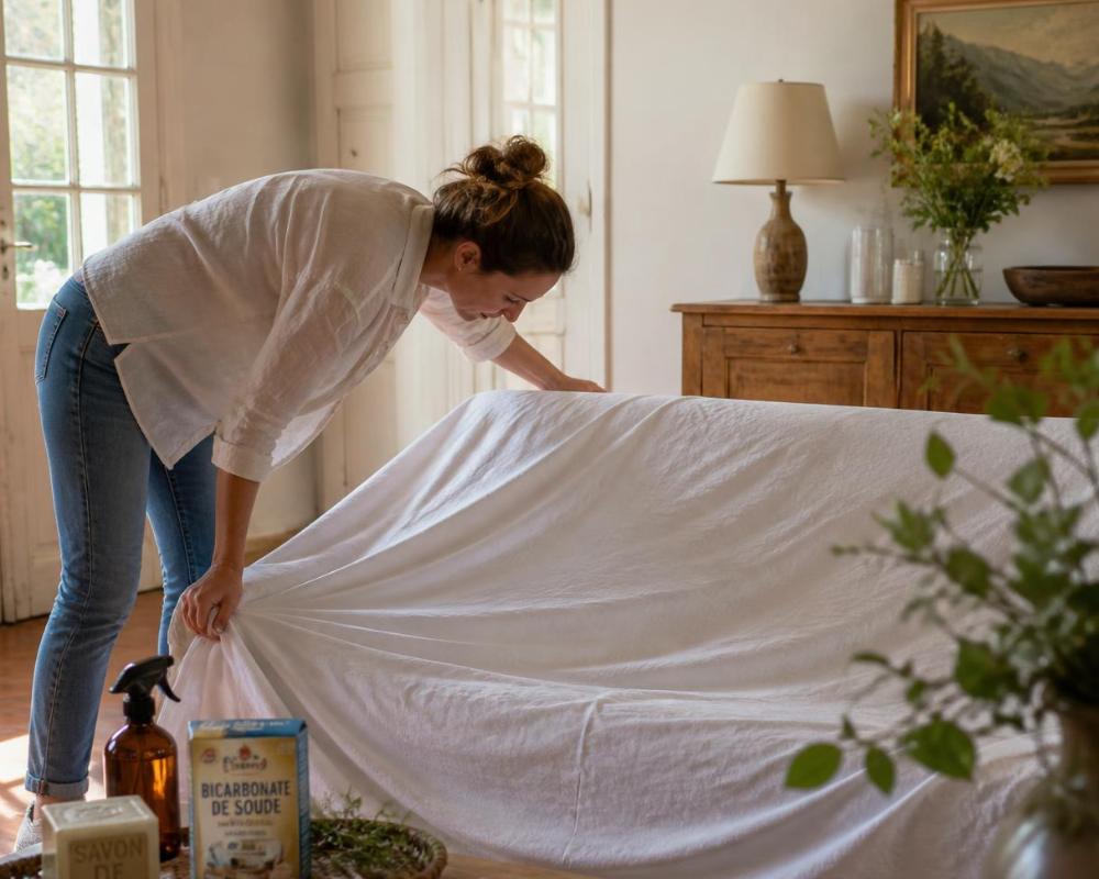 Protection d'un canapé en tissu avant un départ en vacances dans une résidence secondaire en Provence – conseils d'entretien naturel des Les Astuces de Max par Maison Max Clean à Aix-en-Provence et Marseille.