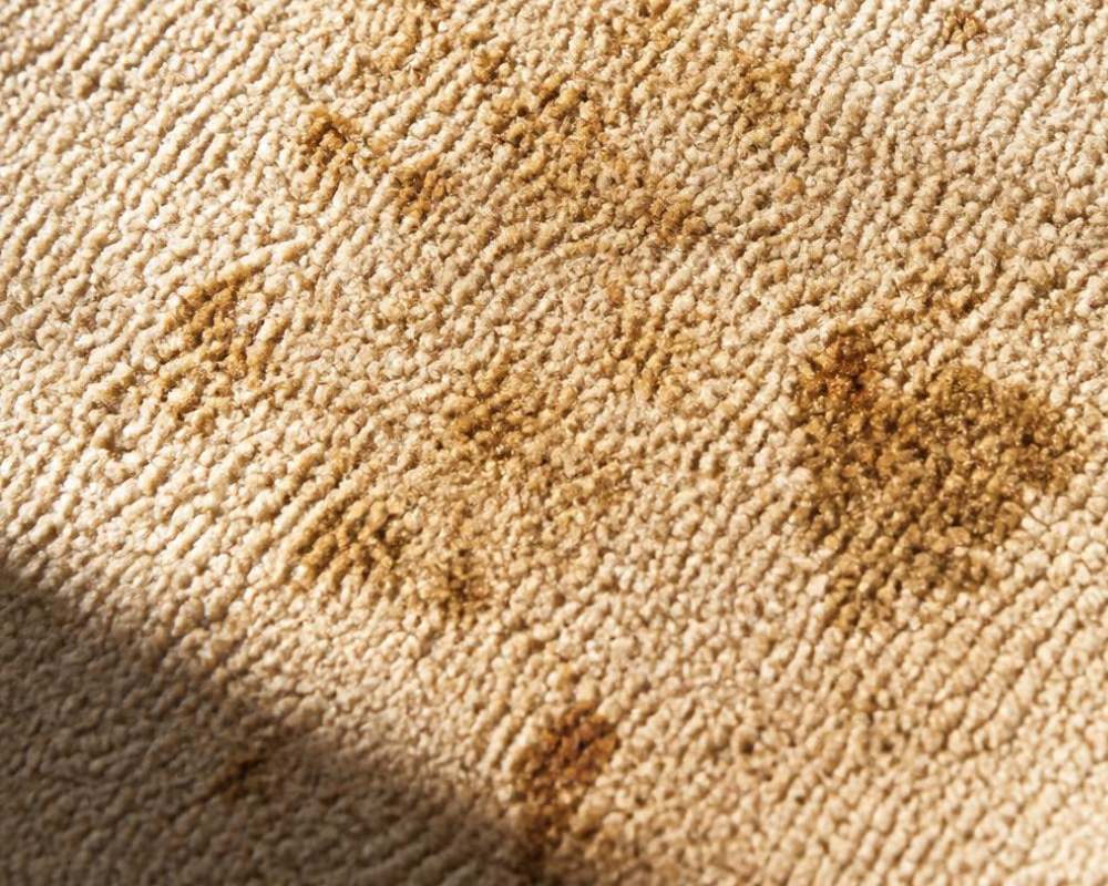 Taches de repas incrustées sur un tapis de salle à manger après un verre de vin et des aliments renversés – Les Astuces de Max par Maison Max Clean, spécialiste du nettoyage de tapis à Aix-Marseille et en région PACA