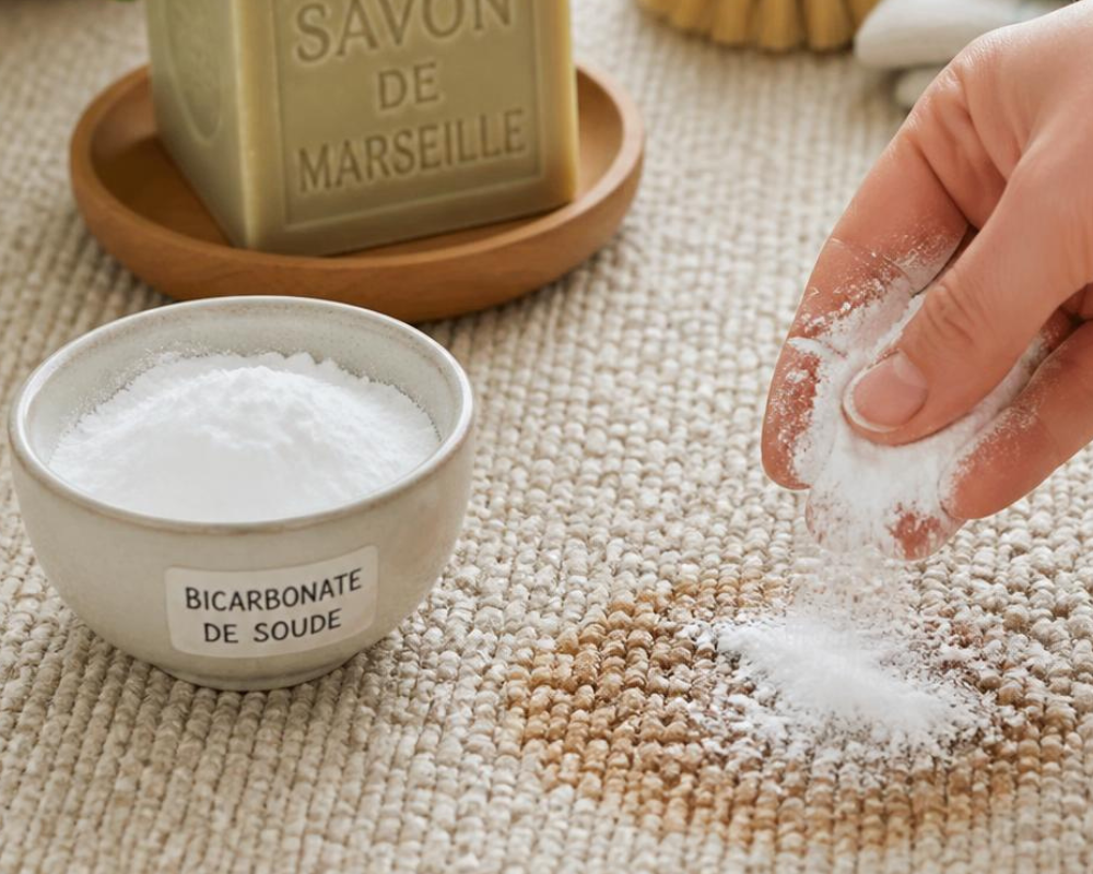 Application de bicarbonate et de savon de Marseille sur une tache de tapis, astuce naturelle de nettoyage textile – Les Astuces de Max par Maison Max Clean en région PACA