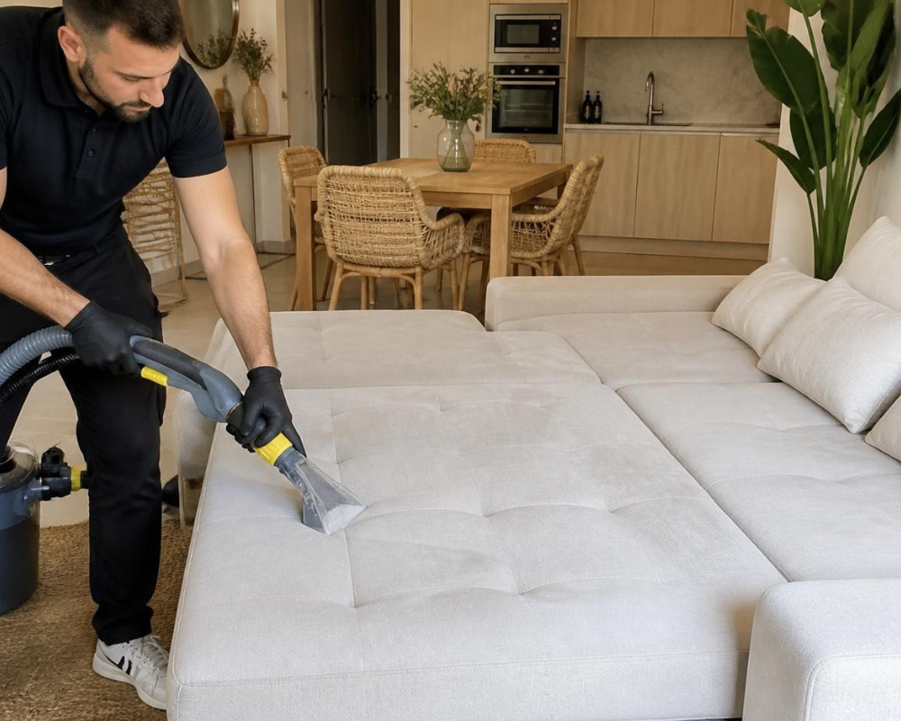 Intervention professionnelle de Maison Max Clean sur un canapé lit de location saisonnière : suivez les astuces de Max à Marseille et Aix-en-Provence.
