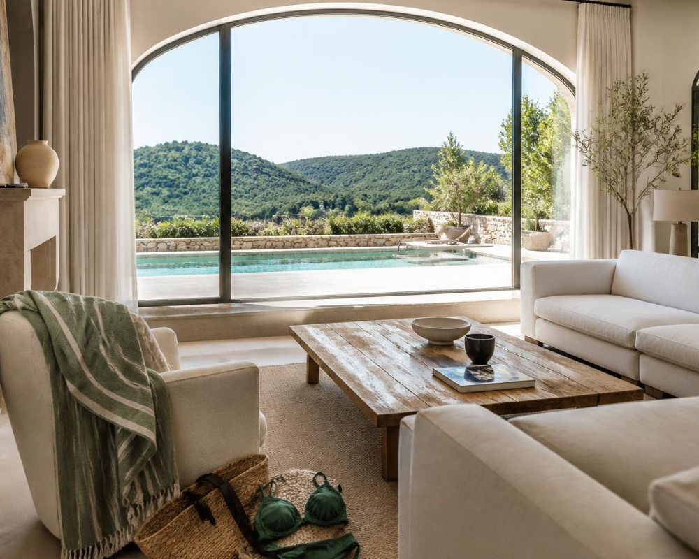 Les astuces de Max par Maison Max Clean : canapé en tissu clair dans une maison provençale, entretien contre les traces de crème solaire et les salissures estivales à Aix-en-Provence et Marseille.