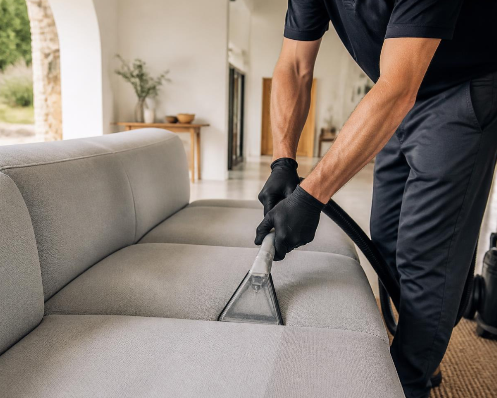 Les astuces de Max par Maison Max Clean : nettoyage professionnel d’un canapé en tissu par injection-extraction pour éliminer les traces grasses de crème solaire à Aix-en-Provence, Marseille et dans les Bouches-du-Rhône.