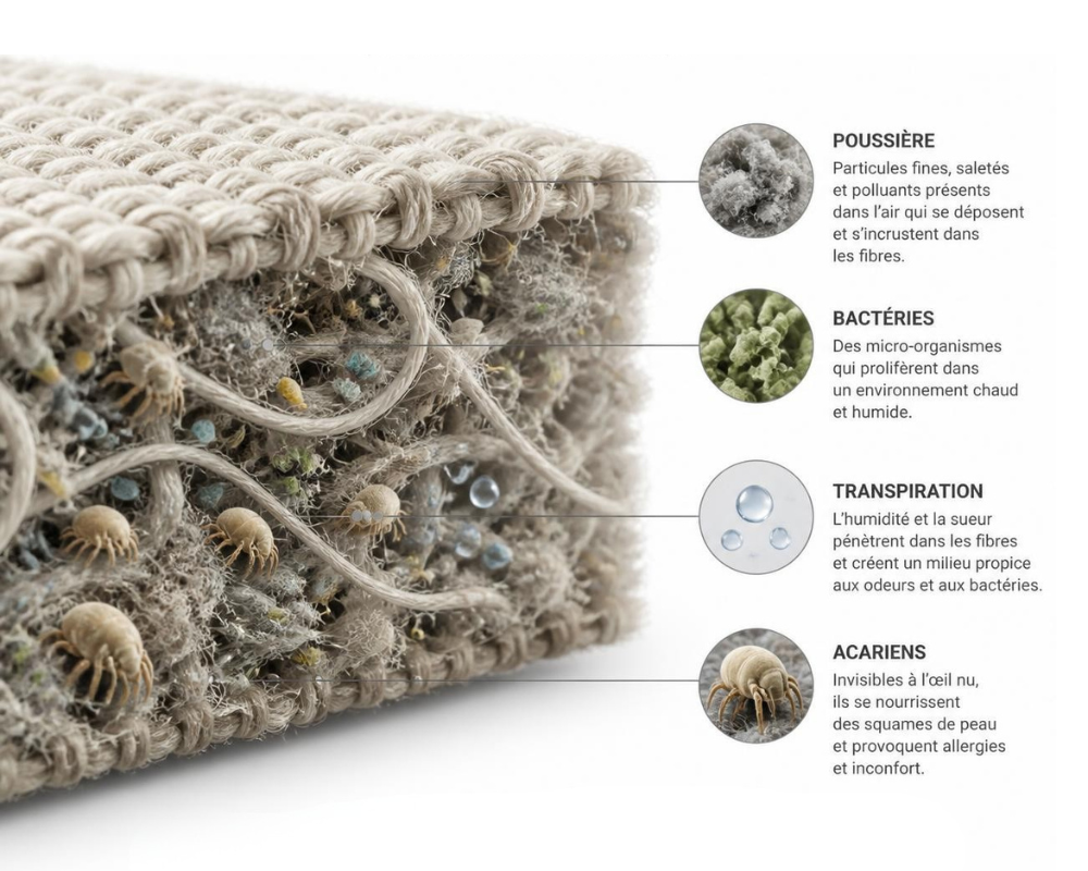 Les astuces de Max - Illustration des bactéries, acariens et résidus invisibles emprisonnés dans les fibres d'un canapé avec les conseils de Maison Max Clean pour un nettoyage en profondeur en région PACA.