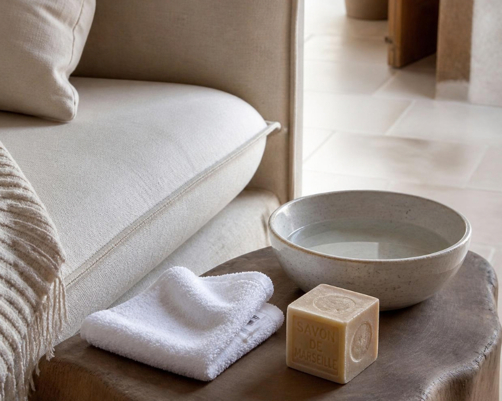 Astuce naturelle pour entretenir un accoudoir de canapé avec du savon de Marseille et un chiffon doux – Les Astuces de Max en région PACA