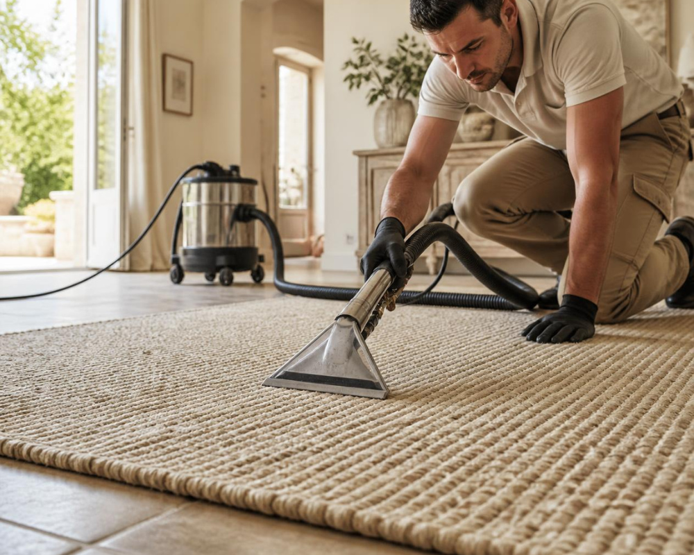 Nettoyage professionnel d’un tapis en fibres naturelles par injection-extraction – Maison Max Clean à Marseille et en PACA