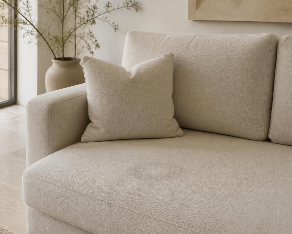 Auréole circulaire visible sur l'assise d'un canapé en tissu clair après séchage, conseils et Les astuces de Max par Maison Max Clean à Aix-en-Provence.