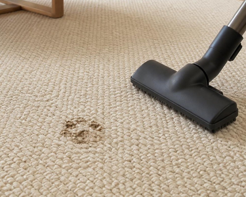 Aspiration d'une trace de patte boueuse séchée sur un tapis en laine beige, astuces de nettoyage textile par Maison Max Clean à Aix-Marseille.