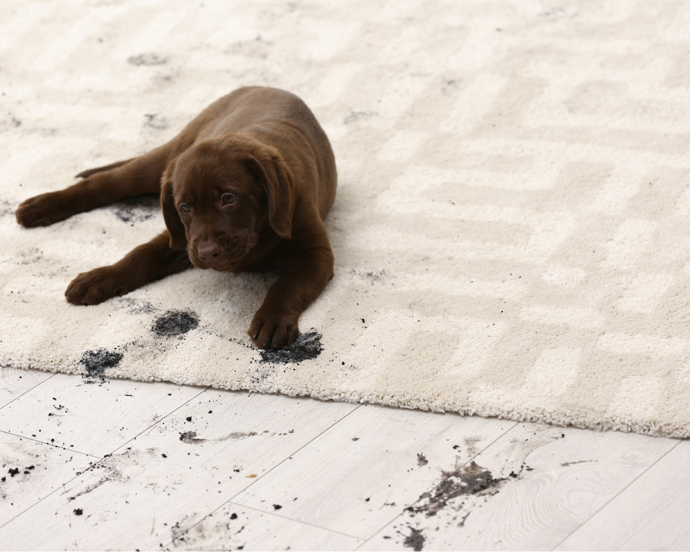 Chien allongé sur un tapis beige moderne avec des traces de pattes boueuses après une balade pluvieuse, conseils Les astuces de Max par Maison Max Clean à Aix-en-Provence.